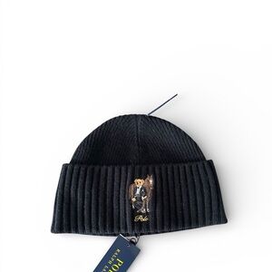 Polo Ralph Lauren Mens Black Knit Beanie Cap Embroidered Polo Bear With Horse OS